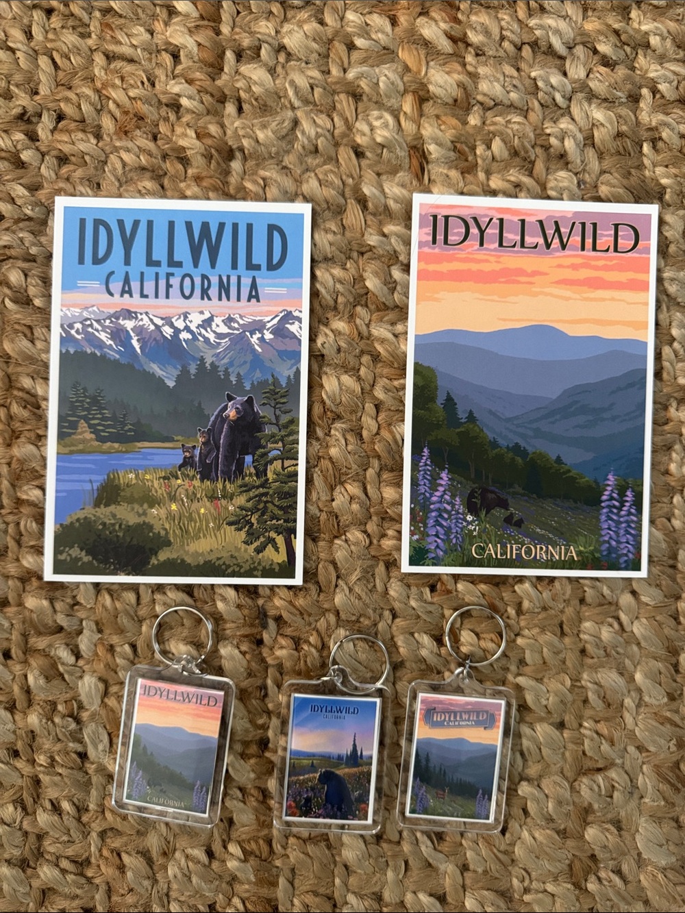 New Idyllwild California Scenic Blue and Pink Postcards & Keychain Bundle Art